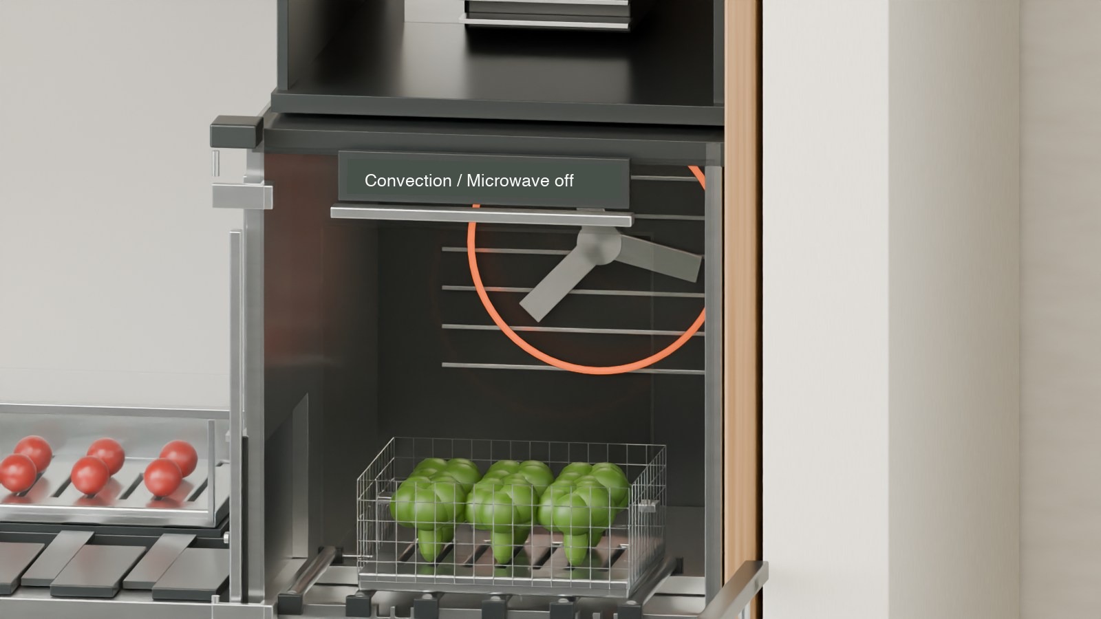 Broccoli in a metal basket inside the convection oven, with its fan and heating element visible