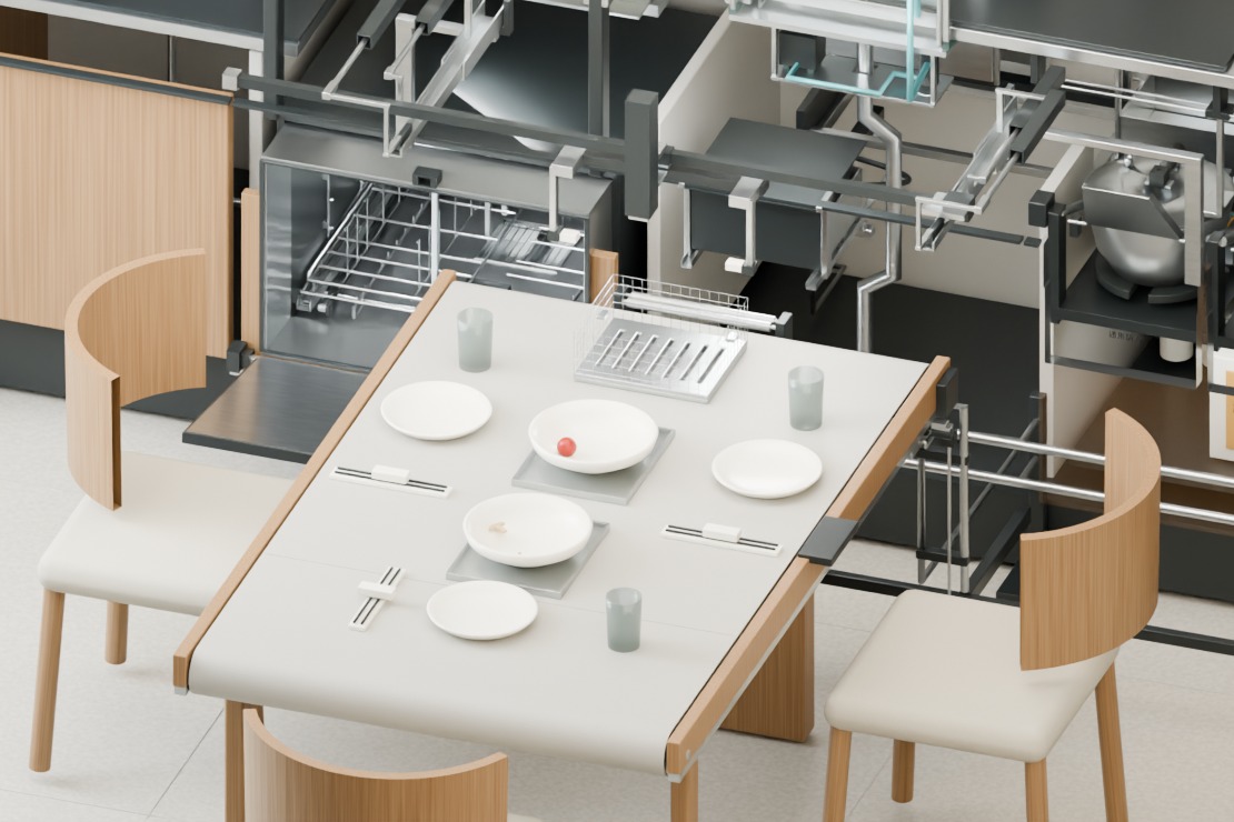 餐后碗盘、杯子与餐具随整幅桌面向柜体移动
